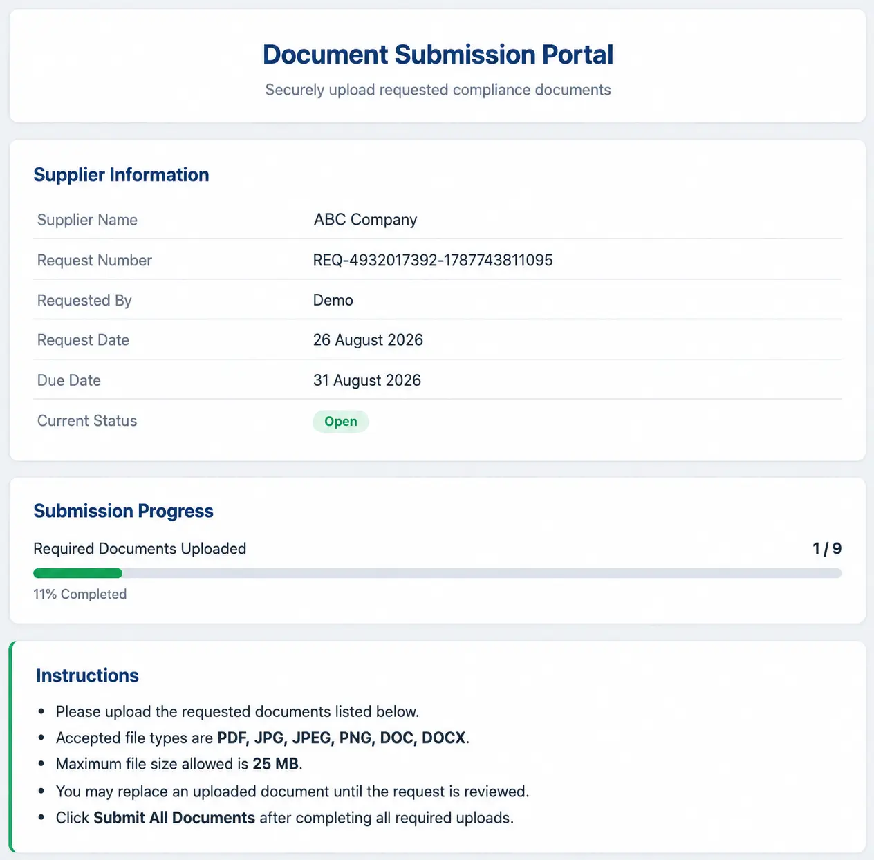 Document Submission Portal — vendor submits compliance evidence securely