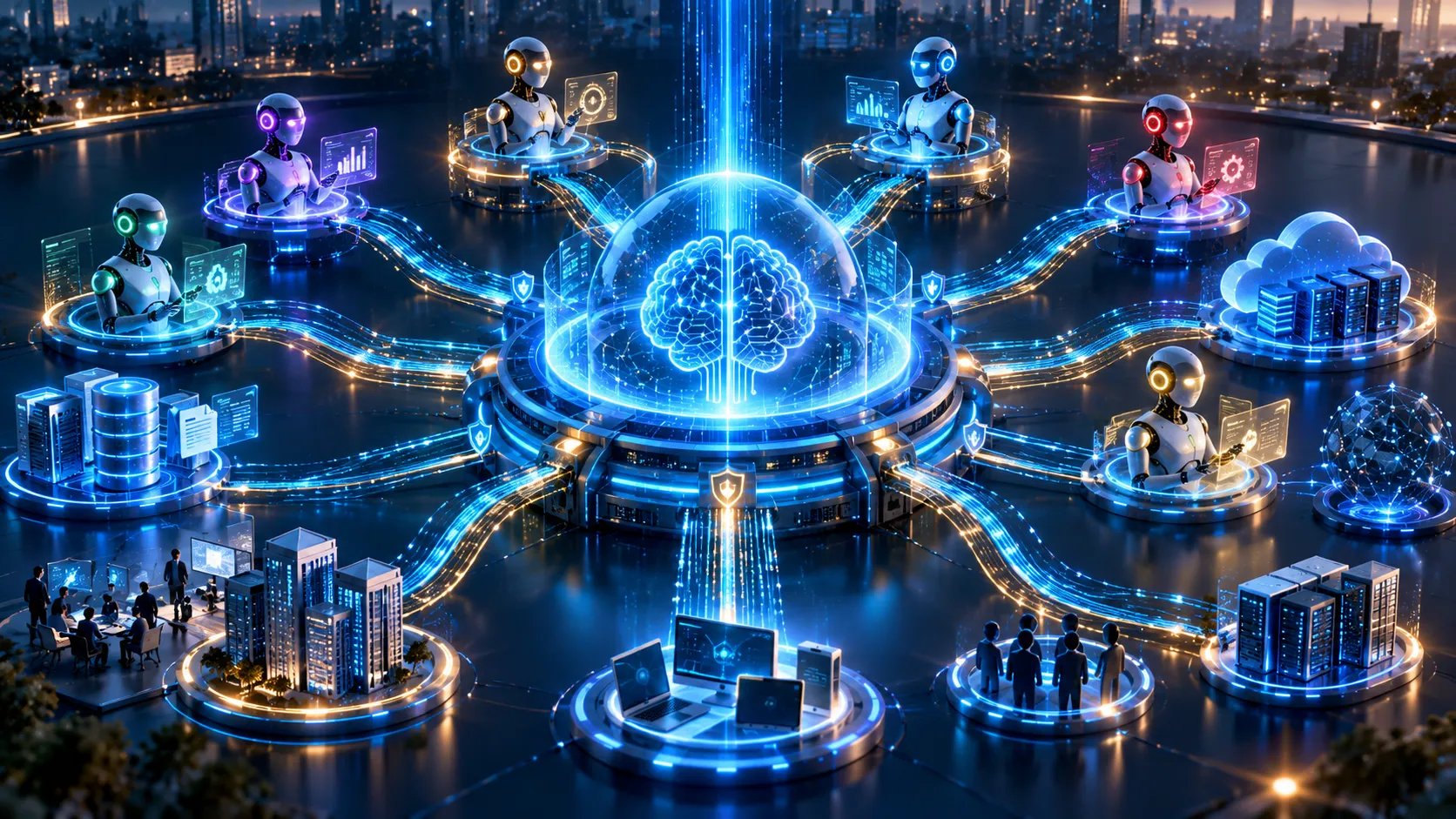 Connected AI-Agent Ecosystem — GovernAI connecting enterprise AI agents, data, applications and AI models